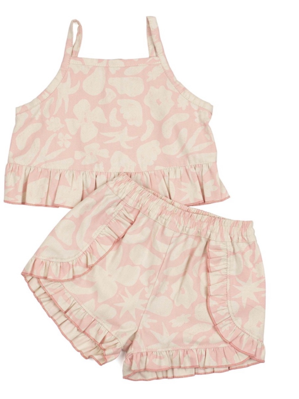 Wild Wawa - Girls Pink Floral Ruffle Shorts Set - Lightweight Two-Piece